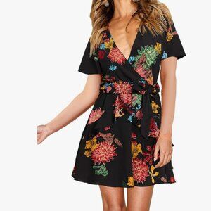 Women's Short Sleeve V Neck Dress Floral Skirt Mini Swing Party Wedding - Sz Med